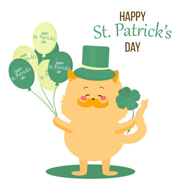 Vector Illustration On White Background. Happy St. Patrick's Day Concept. St. Patrick's Day Card Of A Cat Wearing Leprechaun Hat And Holding Clover And Green Ballons With Inscription Happy St. Patrick