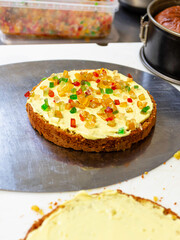 Cake stuffed with candied fruit and custard. Vegan cake