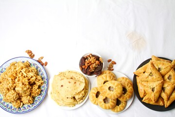 Traditional Tatar Food. Echpochmak, Chak Chak, Kystybyi, Peremech Isolated On White With Copy Space. Flat Lay, Top View.
