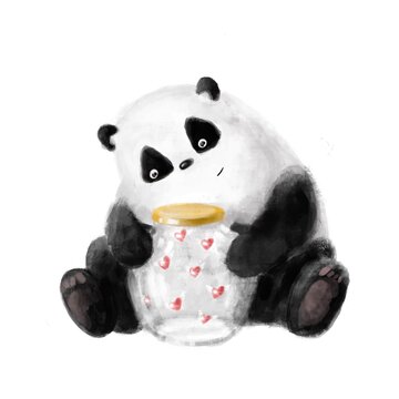 cute panda with little hearts in a jar, valentine's day illustration