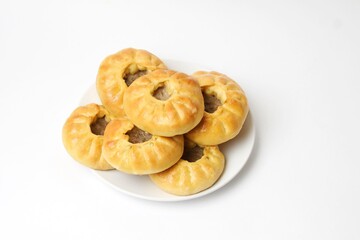 Traditional Tatar Food Peremech Belyash (Pie With Meat) Isolated On White Background. Top View.