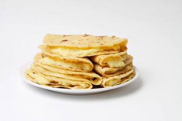 Traditional Tatar Food Kystybyi (Flat Bread With Mashed Potato) Isolated On White Background.