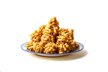 Traditional Tatar Cuisine Chak Chak. Heap Of Dessert Ball On Blue Plate Isolated On White Background.