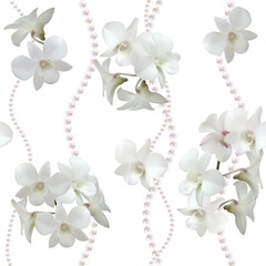 Flowers. Floral background.  Seamless pattern. White orchids. Pearl. Necklace. Tropical plants.