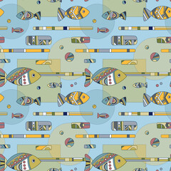 Seamless pattern with fish on a blue background. Vector graphics