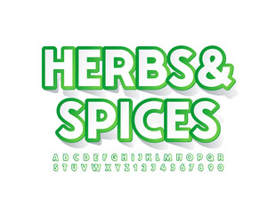 Vector modern emblem Herbs and Spices. Sticker style Font. Creative Alphabet Letters and Numbers set