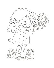 Spring girl on a white background, drawn with a black liner.