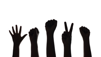 Obraz premium Silhouette of Hands for Protest or Strike isolated on White background