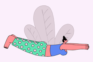 Vector illustration in doodle style. Drawn by hand. Woman meditating for relaxing and yoga pose. Stay home, keep calm, meditation concept, health benefits for the body. Eps 10.