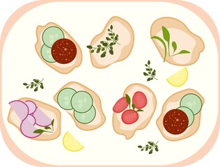 Mini sandwitches. Beautiful food flat vector illustration with tomatoes , salad and salami
Flat vector illustration
