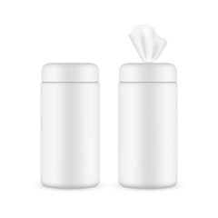 Wet Wipes Jar Mockup Isolated on White Background. Vector Illustration