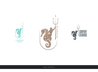 Logo neptune or poseidone on seahorse like a cowboy with trident. Isolated vintage marine logotype. - obrazy, fototapety, plakaty