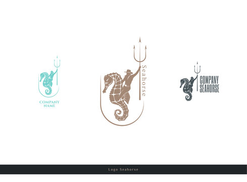 Logo neptune or poseidone on seahorse like a cowboy with trident. Isolated vintage marine logotype.