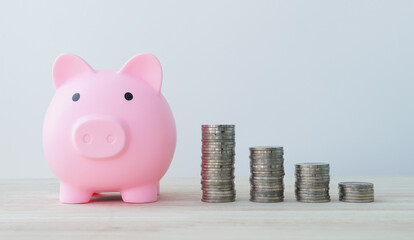 Pink piggy bank and Stacks of money coins isolated on white background