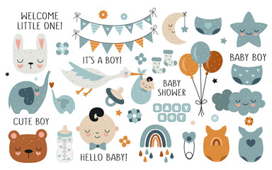 Vector hand drawn baby shower collection for boy with cute babies, moon, cloud, rainbow, star for nursery decoration. - obrazy, fototapety, plakaty