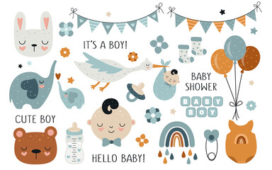 Vector hand drawn baby shower collection for boy with cute babies, moon, cloud, rainbow, star for nursery decoration.