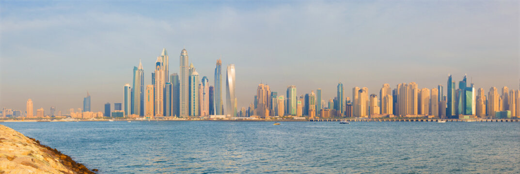 Dubai - The evening panorama of Marina towers from the Palm Island.
