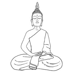 Sitting Buddha in lotus pose and meditating. Esoteric drawing. Indian spiritual teacher, Buddhism religious leader. Yoga zen club design. Purnima and Happy Vesak Day illustration elements. Vector.