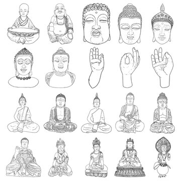 Set of Sitting Buddha in lotus pose, meditating. Buddha portrait. Indian spiritual teacher, Buddhism religious leader. Yoga zen club design. Purnima and Happy Vesak Day elements. Vector.