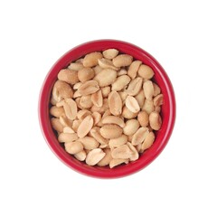 Salted peanuts in a red bowl Isolated on white background.	