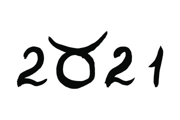 Handmade lettering "2021" vector ink drawing, sumi-e style. Symbol of the Oriental new year of the Ox. Original calligraphy. Element for your design.