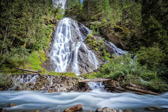 Closeup of the amazing Schleierfall waterfalls in Kals am Grossglockner, Austria