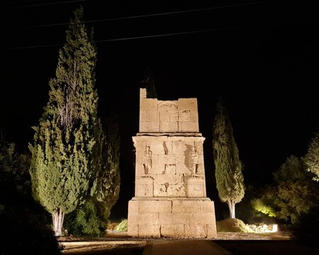 Torre dels Escipions (Scipio brothers), ancient funerary tower built by the Romans on the outskirts of Tarraco, ancient Roman city. Stone tower illuminated at night. Tarragona, Catalonia, Spain