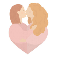 Lesbian couple. Two girls hug and kiss each other. LGBT pride. Valentine's Day card design. Vector flat illustration for logo or print isolated on white background.