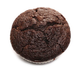 Chocolate muffin isolated on white background, top view