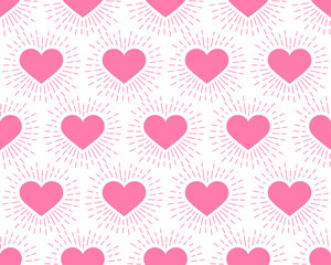 Seamless pattern. Pink Hearts with rays on a white background. Vector illustration. The idea for holiday designs, greeting cards, holiday prints, designer packaging, stylish textile, etc.