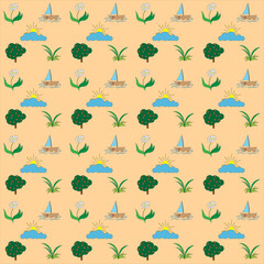 vector illustration of a seamless texture summer mood yacht on waves, flower, tree with inflorescences, bush of grass, sun with rays behind a blue cloud on a sand color background