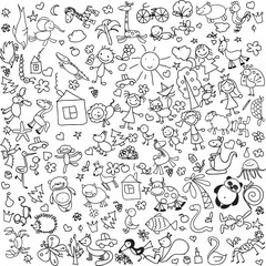Obraz premium Children's drawings of doodle animals, people, flowers
