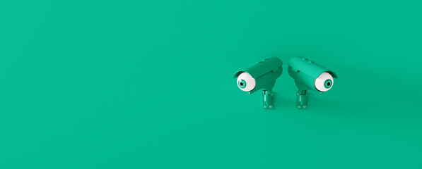 Surveillance cameras spying on people. No secrets, no privacy concept. Cameras with eyes on green background 3D render 3D illustration - obrazy, fototapety, plakaty
