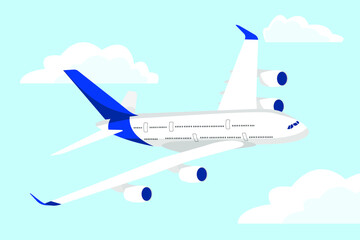 Airplane in the sky. The plane is flying between the clouds. Flat illustration