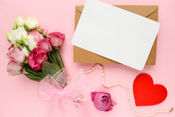 Happy Valentine's Day greeting card. flowers and red heart on a white background. space for text 