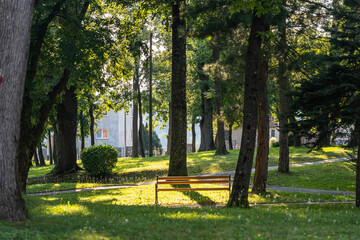 Bench in the park accross street of Mirogoj Cemetery in Zagreb Croatia