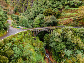 A person standing on a jungle bridge of the Island of Madeira
