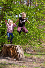 happy little girls jumping from a tree stump in the woods, Lockdown