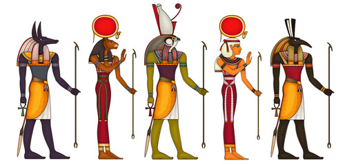 Egyptian ancient symbol.Religion icon.Egypt deiteis.Culture.Design element.Horus.Set.Anubis.Sekhmet.Hathor. - obrazy, fototapety, plakaty