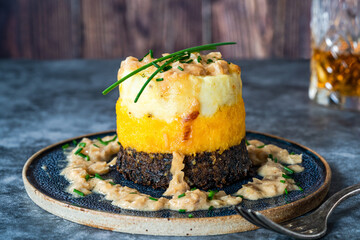 Haggis, neeps and tatties dish