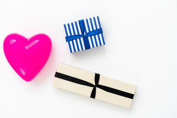 Valentine day background with hearts and present, top view