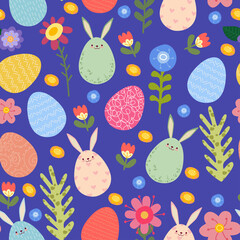 Vector seamless background of different Easter eggs. Hand-drawn in cartoon style