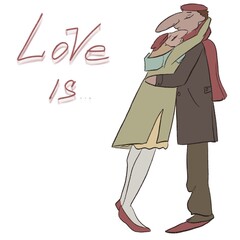 Caricature of love meeting. White background.  Calm colors.