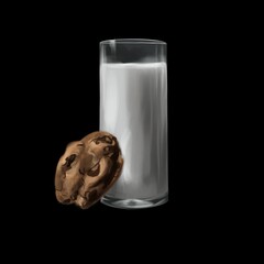 A glass of milk with a chocolate chip cookie. Black background. Breakfast. 