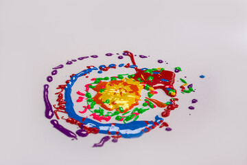 .Colors drop onto a spinning white background. The color of the drops is a circular halo