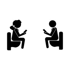 Online communication sign. Man and woman holding telephones on the toilet sign eps ten