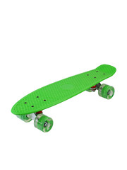 Green cruiser longboard skateboard plastboard with green wheels isolated on white background, front view