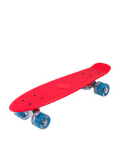 Red cruiser longboard skateboard plastboard with blue wheels isolated on white background, front view