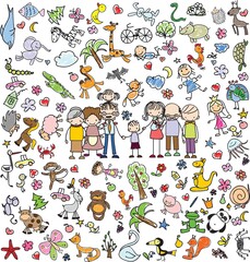 Fototapeta premium Children's drawings of doodle animals, people, flowers