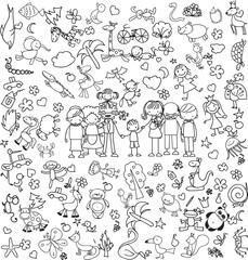 Children's drawings of doodle animals, people, flowers